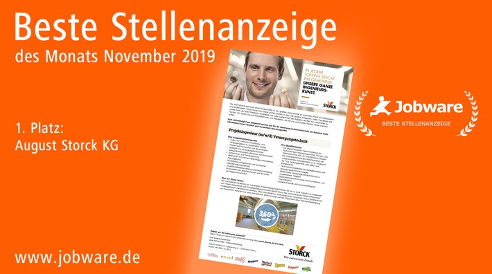 Personalwerbung für das Süßwarenunternehmen / Jobware zeichnet STORCK für beste Stellenanzeige im November aus