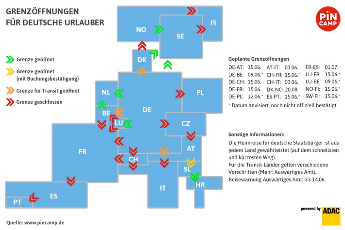 Wohin können deutsche Urlauber reisen? PiNCAMP veröffentlicht aktuelle Öffnungstermine für Grenzen in Deutschland und Europa