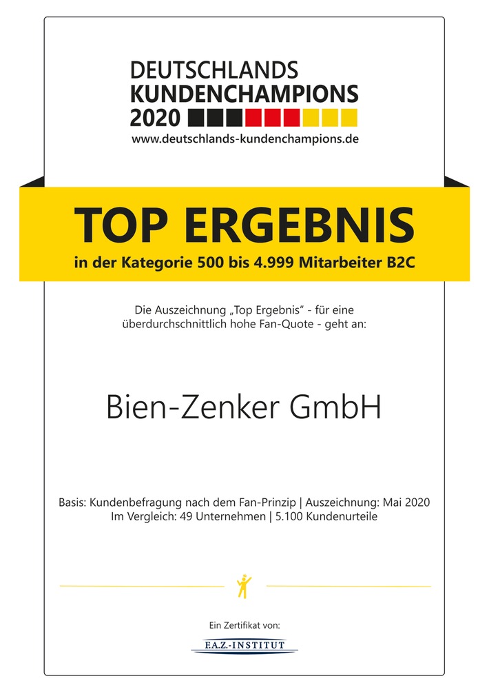 Bien-Zenker macht Kunden zu Fans der eigenen Marke / Auszeichnung als "Deutschlands Kundenchampion 2020" bescheinigt Bien-Zenker hervorragenden Erfolg bei der Kundenbindung
