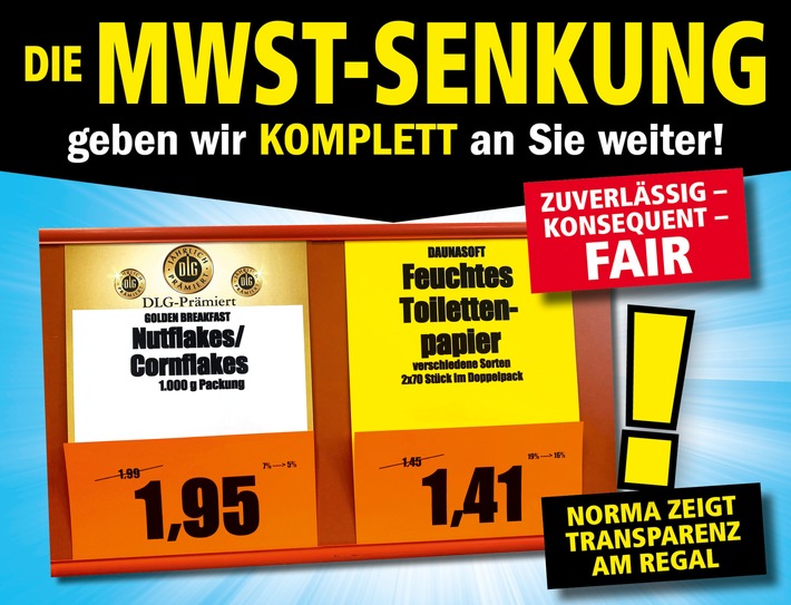 NORMA gibt Mehrwertsteuersenkung an Kunden weiter und weist die neuen Preise transparent am Regal aus / Ab 1. Juli 2020 absolute Klarheit bei den Preisschildern