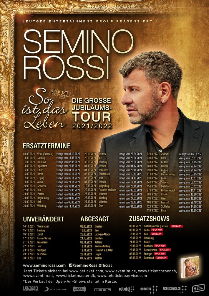 Tourneeverschiebung: Semino Rossi - "So ist das Leben", die große Jubiläumstour 2021/2022