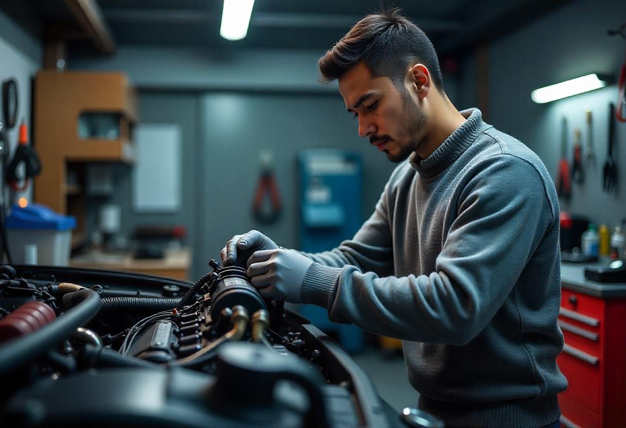 Austausch eines BMW-Motors in einer Fachwerkstatt mit professionellen Mechanikern