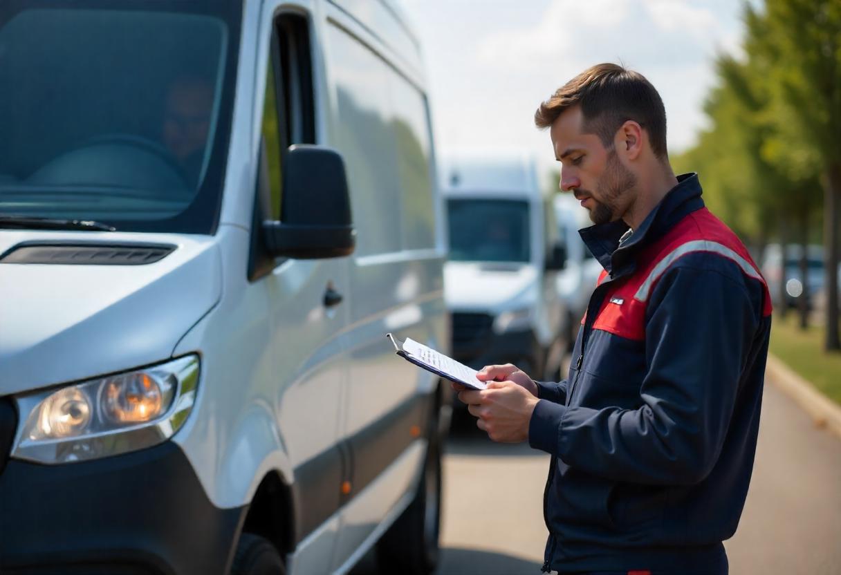 Top-Transporter laut ADAC – Zuverlässigkeitsprüfung am Mercedes Sprinter ADAC-Techniker überprüft die Zuverlässigkeit eines Mercedes Sprinter bei einem Transporter-Test im Freien.