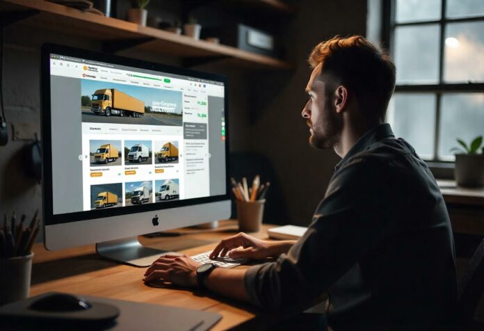 Ein Mann sucht am Computer nach gebrauchten Transportern – auf dem Bildschirm ist eine Transporter-Webseite mit Fahrzeugbildern zu sehen.
