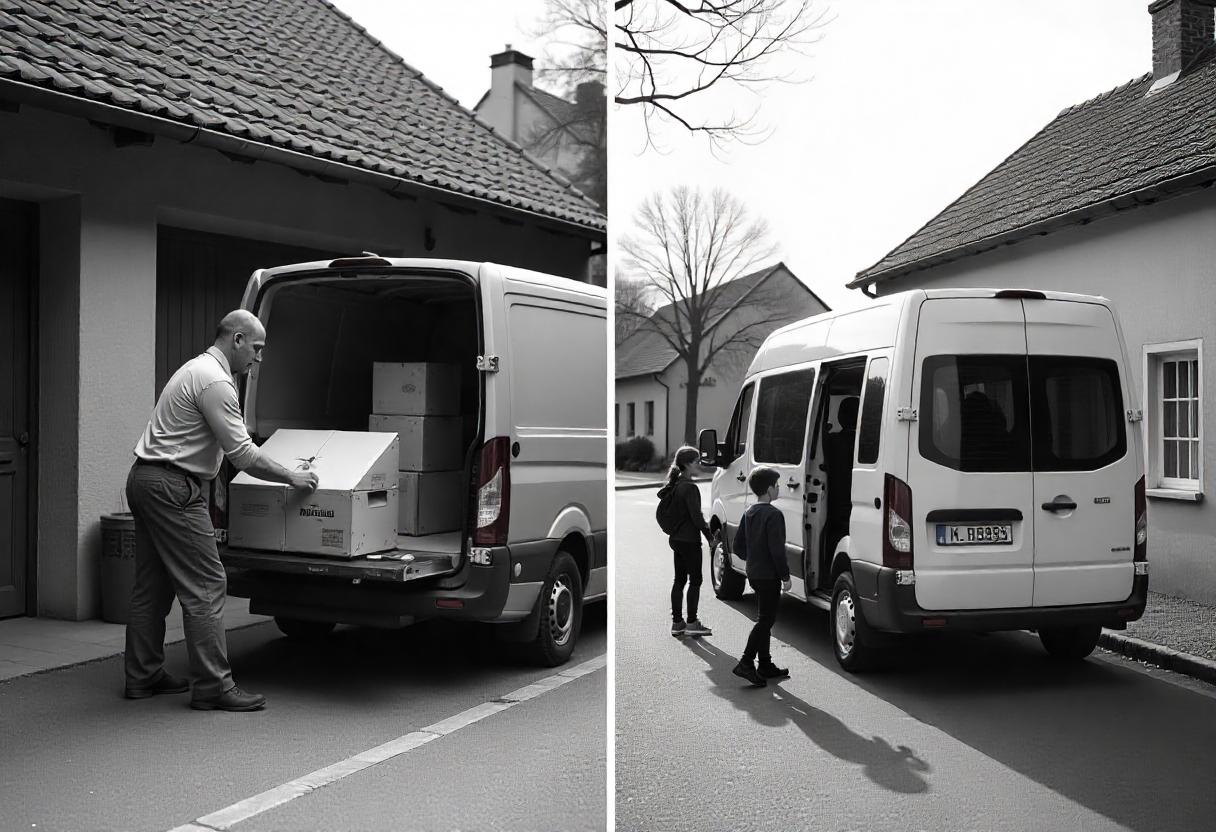 Kleinbus-Transporter gebraucht kaufen – flexibel für Mensch und Material Zwei Szenen: Ein Handwerker lädt Pakete in einen Transporter, daneben ein Kleinbus mit Schulkindern beim Einsteigen.