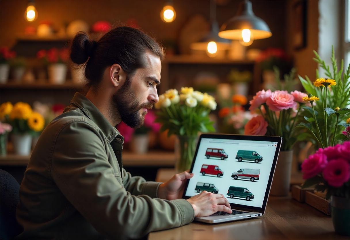 Bester Transporter für Handwerker – robust, ausbaubar und ideal für Gewerbetreibende Ein Florist in seinem Blumenladen sucht am Laptop nach einem gebrauchten Handwerker-Transporter.