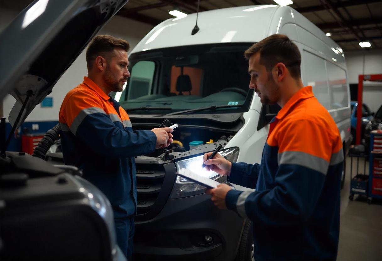 Zwei Mechaniker prüfen einen gebrauchten Transporter in einer Werkstatt – Technik-Check und Fahrzeugbewertung.