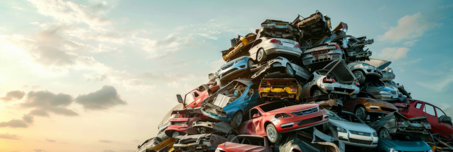 Pile of scrap waste of cars for recycling. Smashed destroyed car wrecks on car junkyard