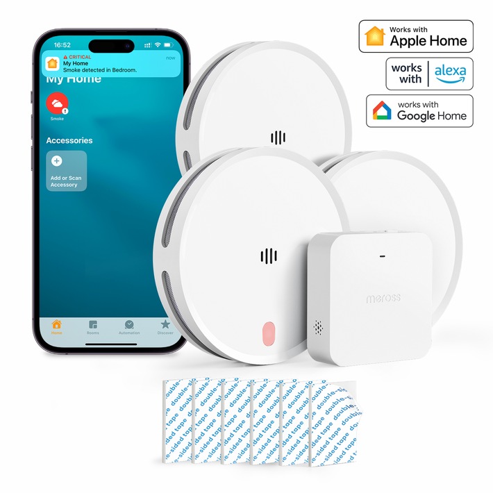 Smarter Rauchmelder mit Matter und erstmals zwei Sensoren: Der MA151 ist zur Einführung als Set mit Hub und drei Meldern zum Aktionspreis zu haben. / Weiterer Text über ots und www.presseportal.de/nr/154196 / Die Verwendung dieses Bildes für redaktionelle Zwecke ist unter Beachtung aller mitgeteilten Nutzungsbedingungen zulässig und dann auch honorarfrei. Veröffentlichung ausschließlich mit Bildrechte-Hinweis.